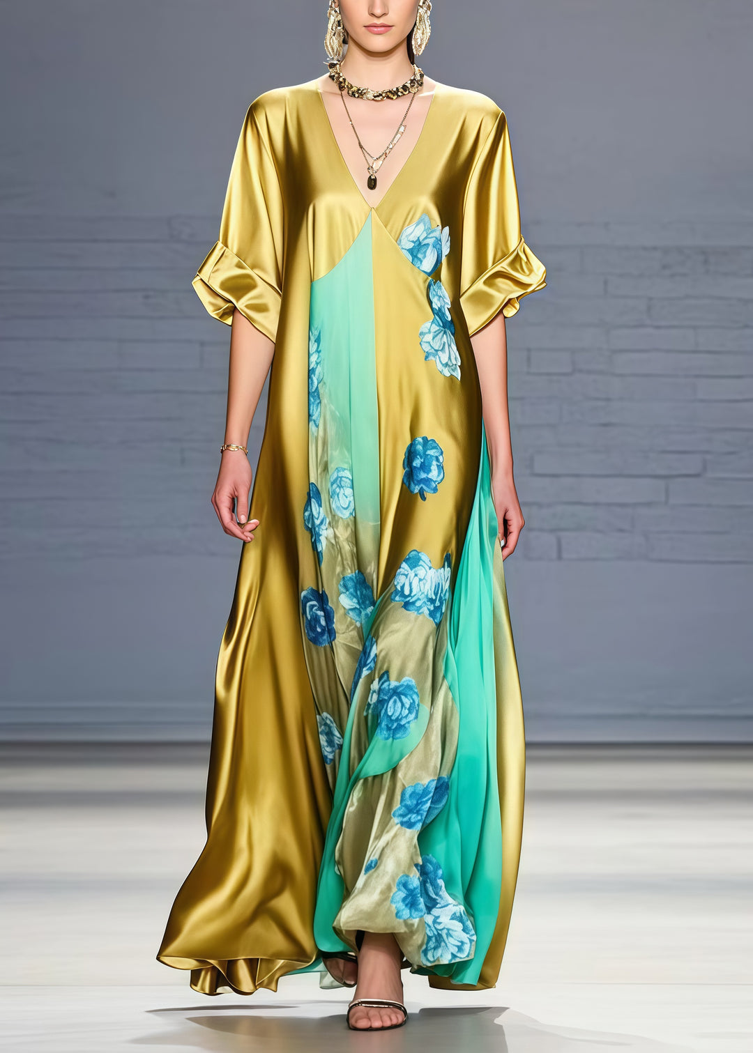 Fine Golden V Neck Patchwork Print Silk Dress Summer