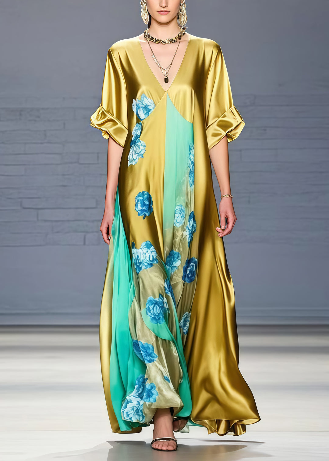 Fine Golden V Neck Patchwork Print Silk Dress Summer