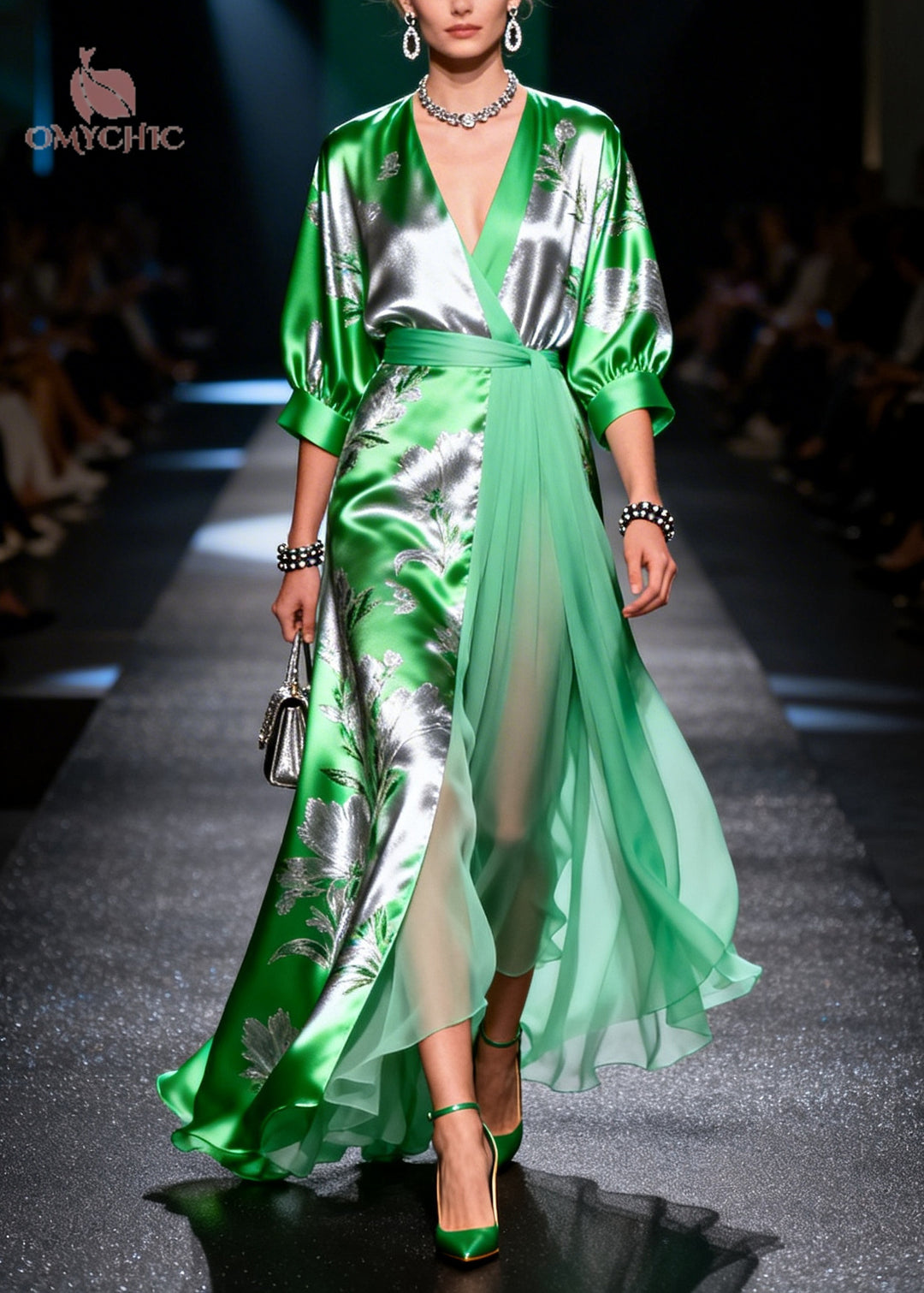 Fine Grass Green Jacquard Patchwork Low High Design Chiffon Maxi Dress Summer