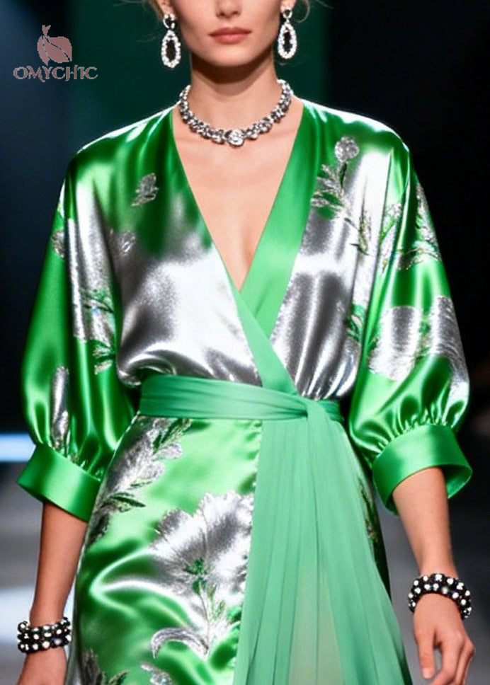 Fine Grass Green Jacquard Patchwork Low High Design Chiffon Maxi Dress Summer