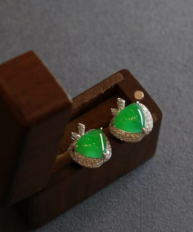 Fine Green Alloy Zircon Jade Apple Stud Earrings