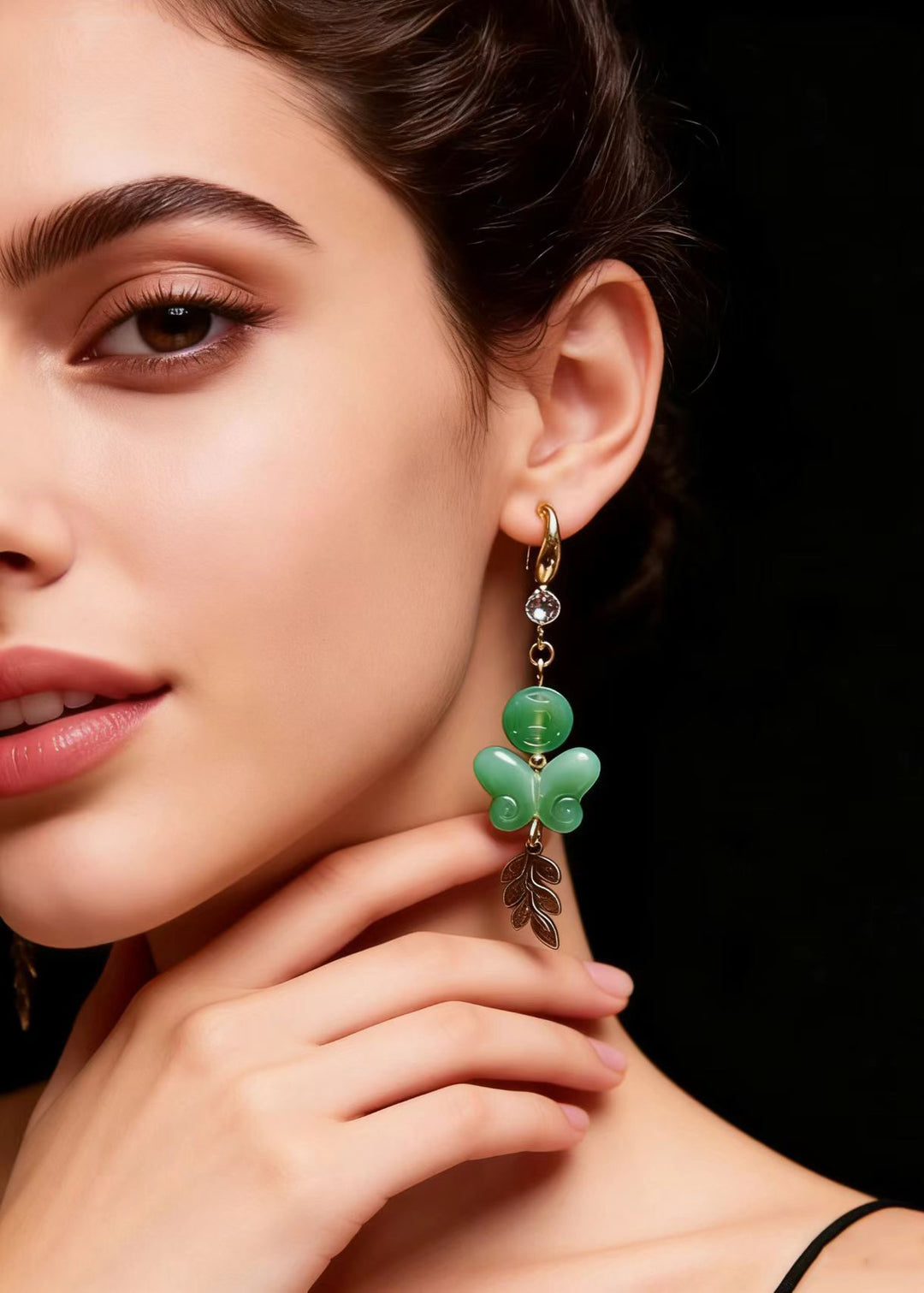 Fine Green Butterfly Jade Zircon Drop Earrings