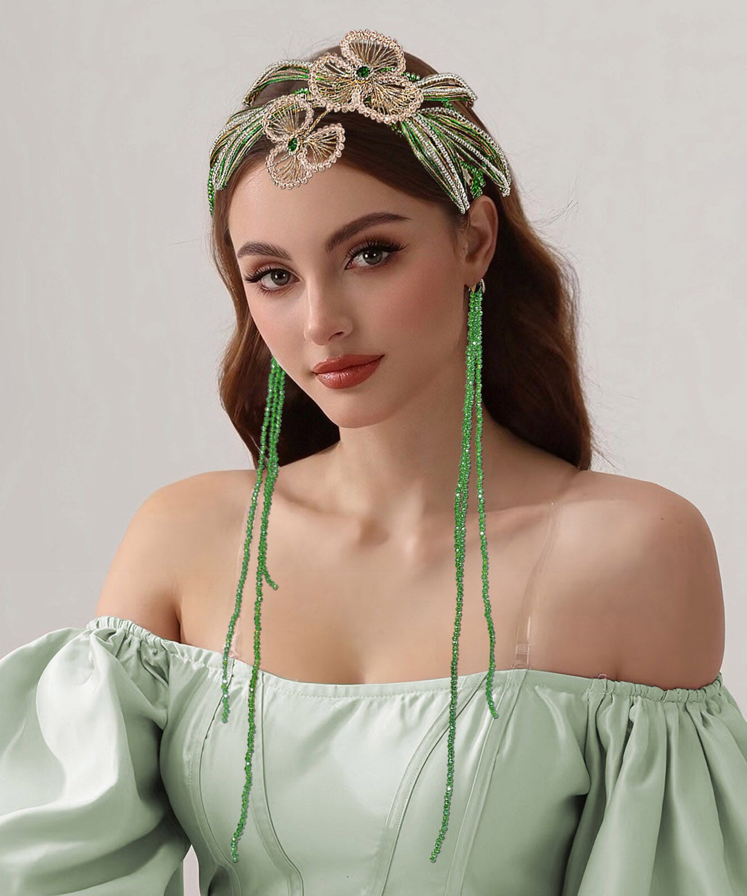 Fine Green Crystal Zircon Floral Beading Tassel HairPiece
