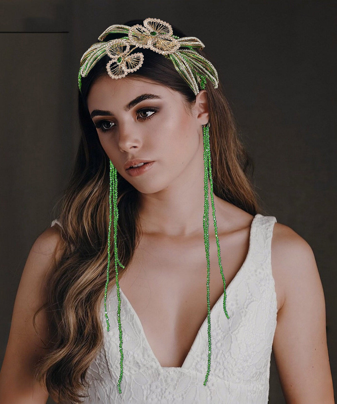 Fine Green Crystal Zircon Floral Beading Tassel HairPiece