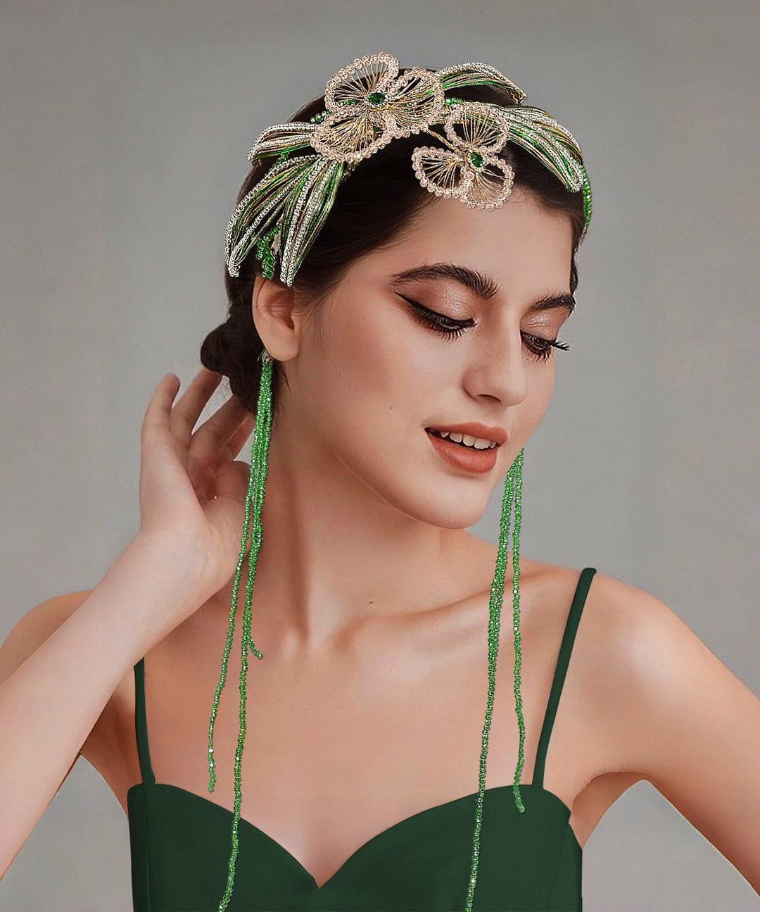 Fine Green Crystal Zircon Floral Beading Tassel HairPiece