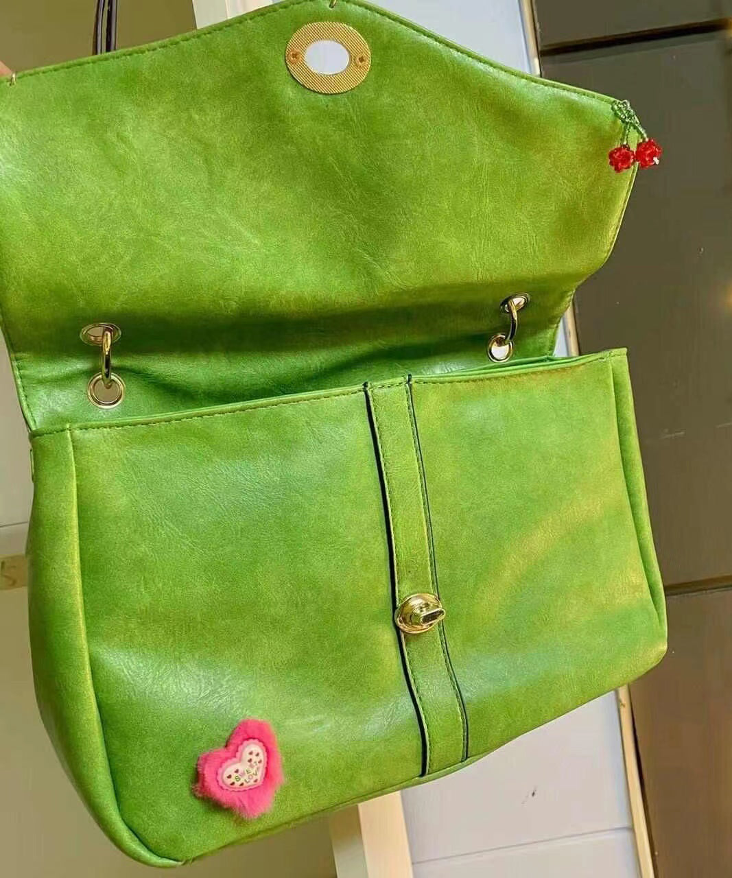 Fine Green Embroidery Fuzzy Decorated Faux Leather Satchel Handbag