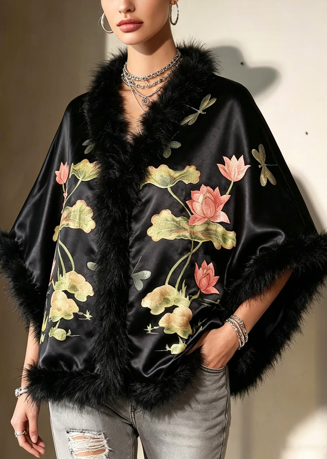 Fine Green Fur Collar Patchwork Silk Velvet Cape Fall