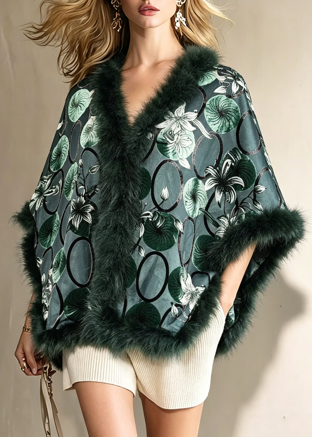 Fine Green Fur Collar Patchwork Silk Velvet Cape Fall