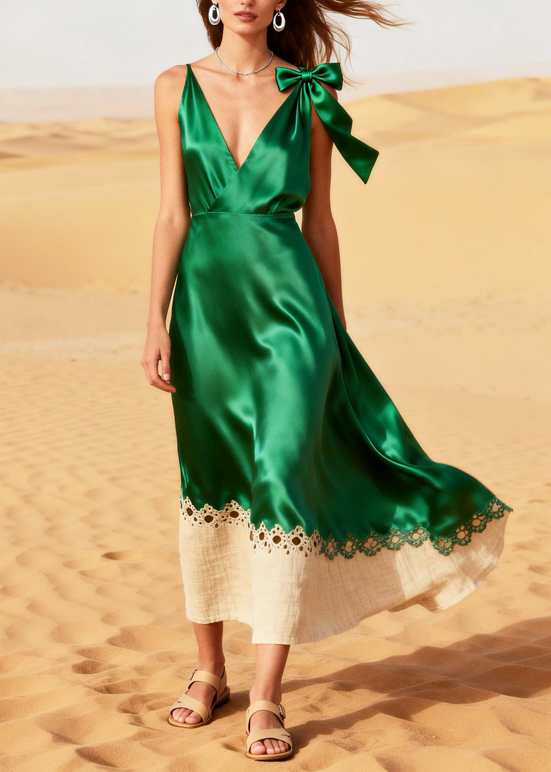 Fine Green Hollow Out Patchwork Silk Party Dress Summer