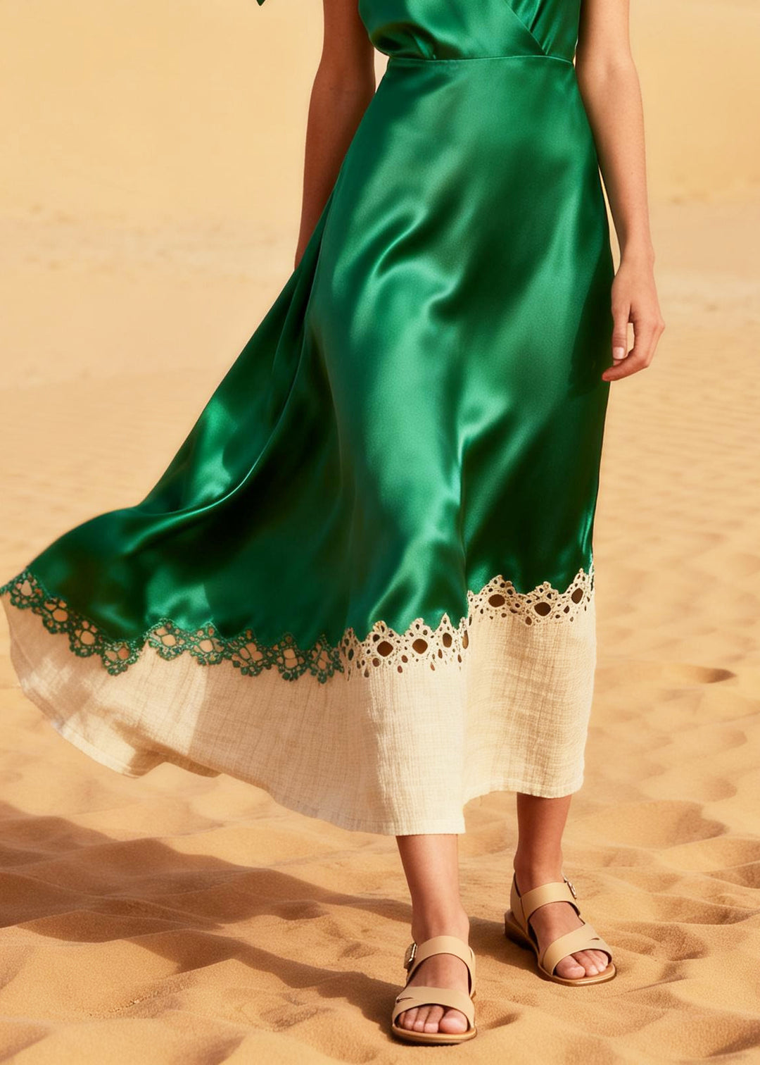 Fine Green Hollow Out Patchwork Silk Party Dress Summer