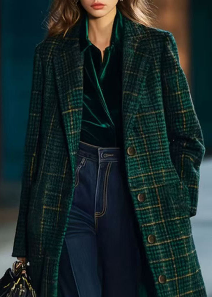 Fine Green Peter Pan Collar Pockets Plaid Woolen Coats Fall