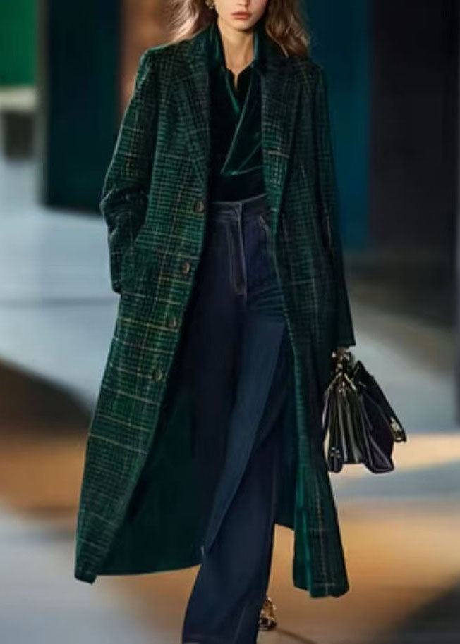 Fine Green Peter Pan Collar Pockets Plaid Woolen Coats Fall