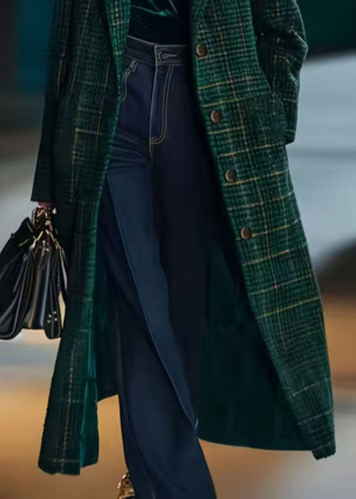 Fine Green Peter Pan Collar Pockets Plaid Woolen Coats Fall