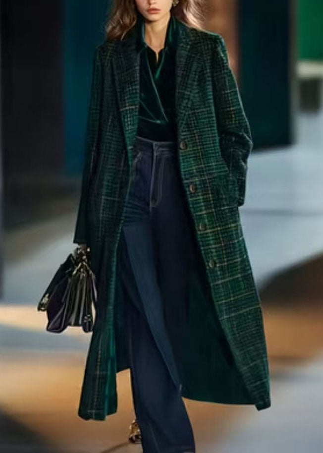 Fine Green Peter Pan Collar Pockets Plaid Woolen Coats Fall