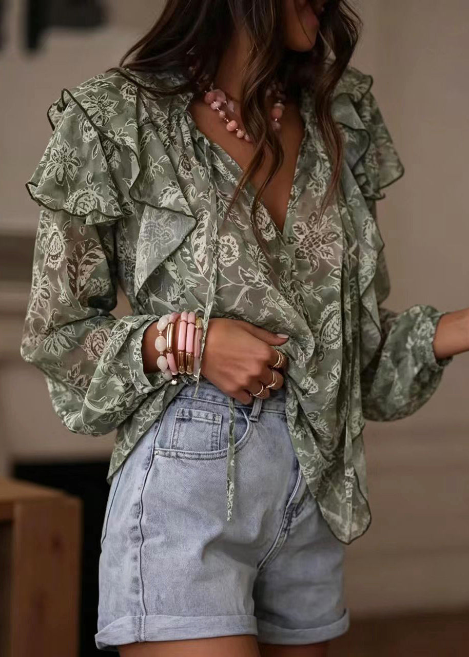 Fine Green Print Ruffled Lace Up Shirt Top Long Sleeve
