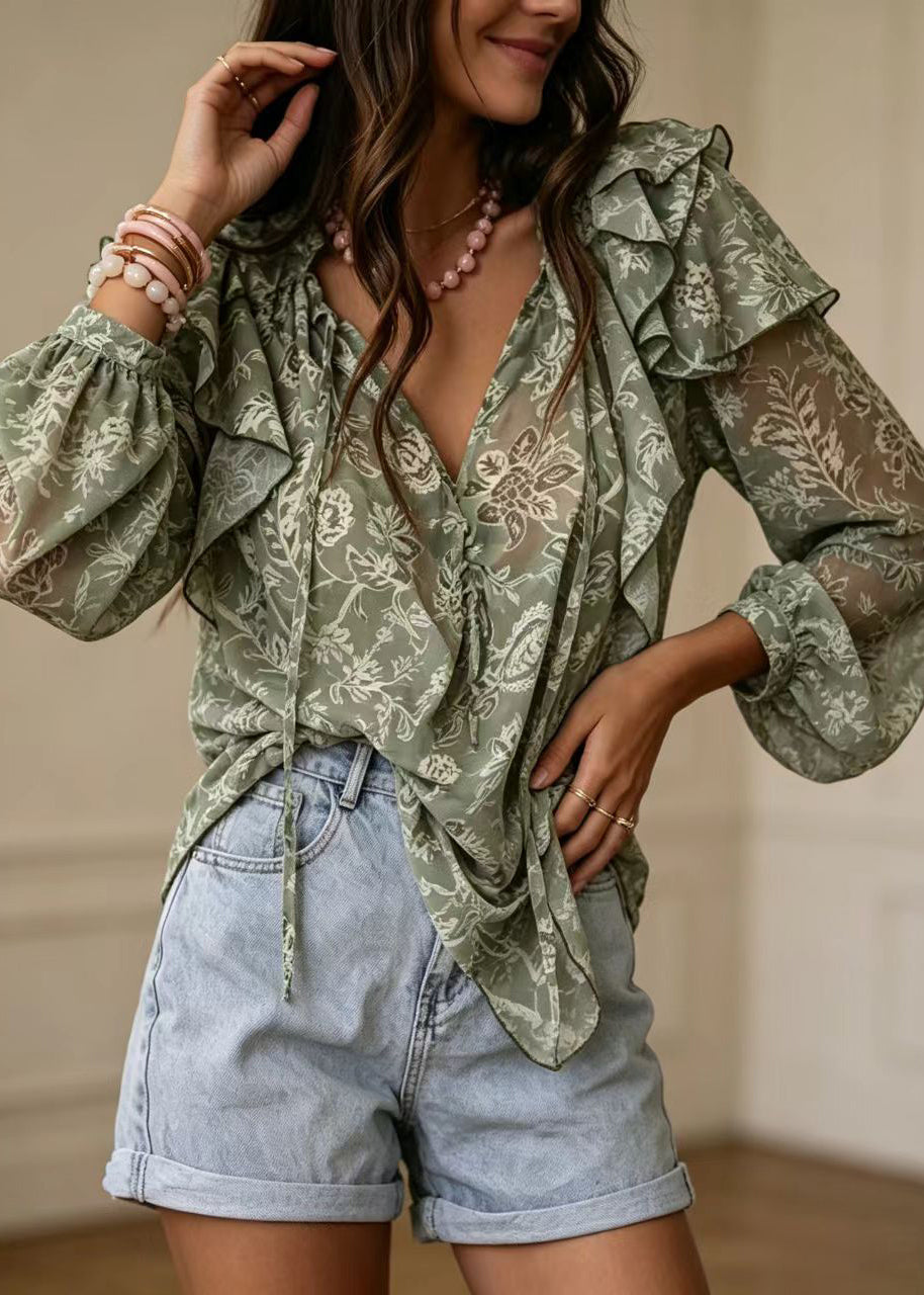 Fine Green Print Ruffled Lace Up Shirt Top Long Sleeve