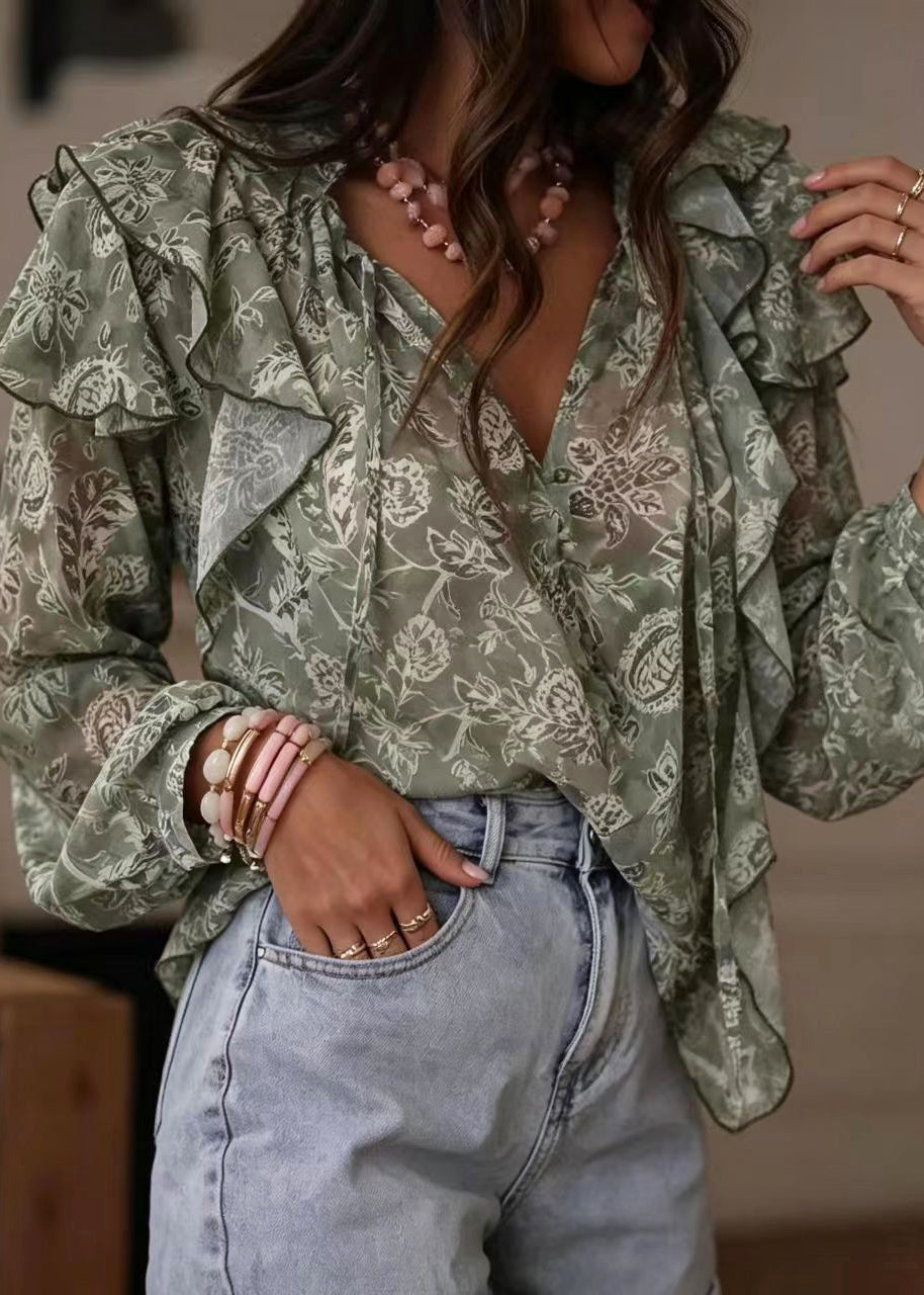 Fine Green Print Ruffled Lace Up Shirt Top Long Sleeve