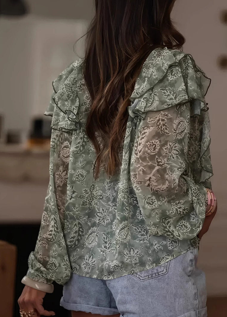 Fine Green Print Ruffled Lace Up Shirt Top Long Sleeve