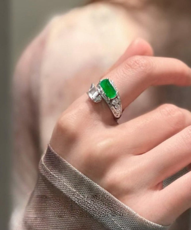 Fine Green Sterling Silver Inlaid Zircon Jade Rings