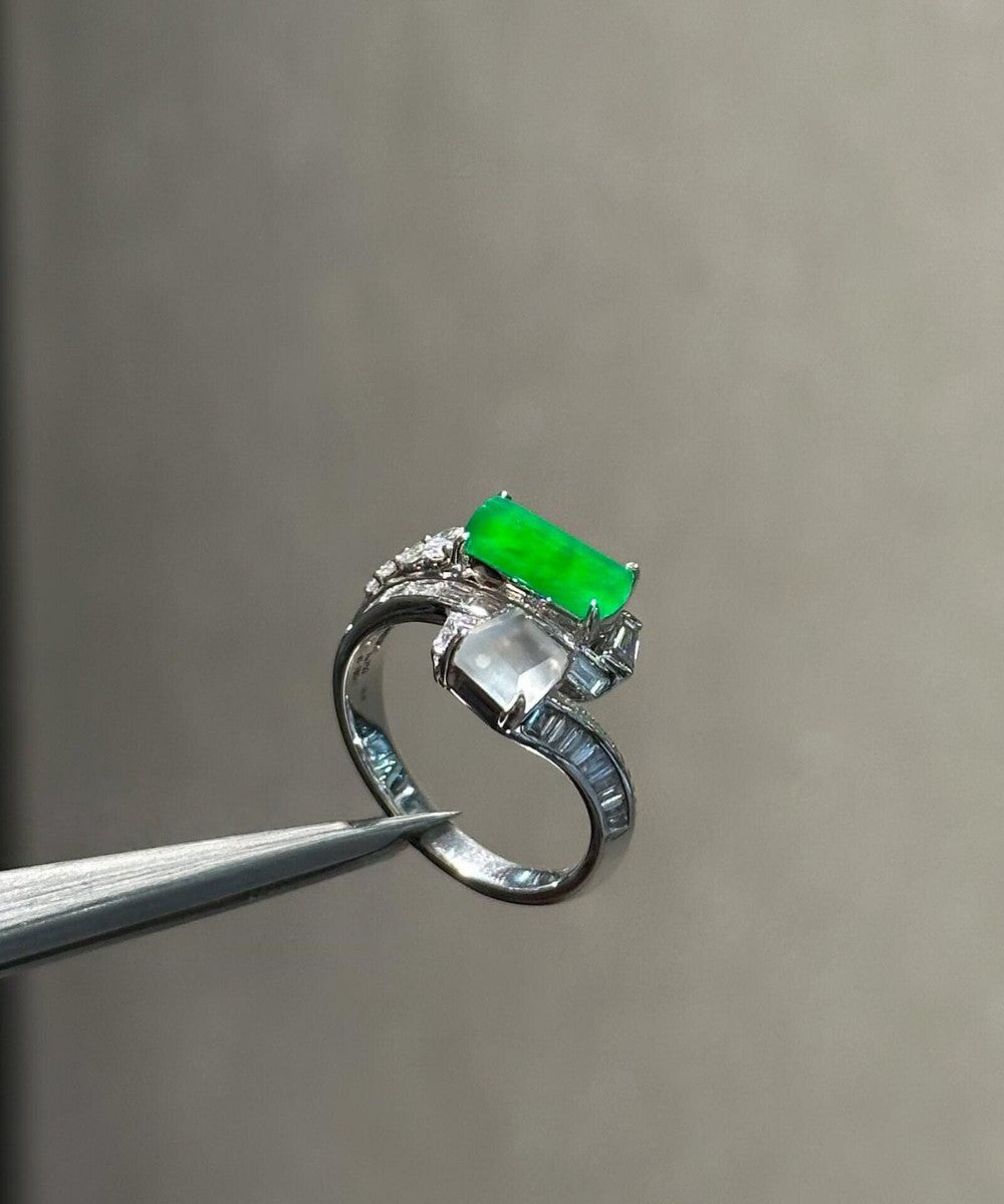 Fine Green Sterling Silver Inlaid Zircon Jade Rings