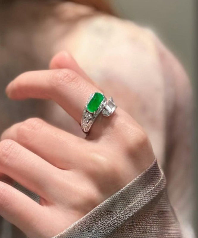 Fine Green Sterling Silver Inlaid Zircon Jade Rings