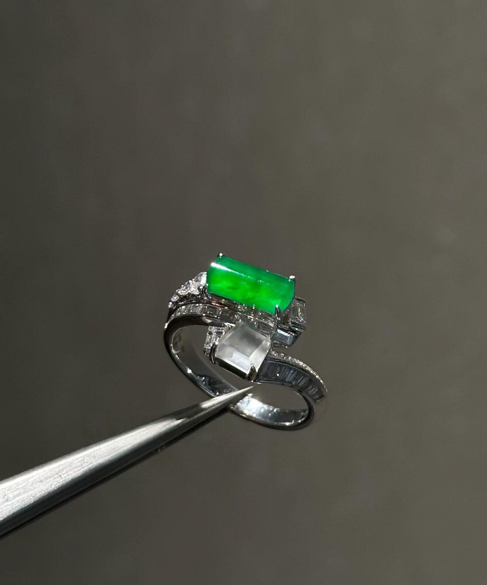 Fine Green Sterling Silver Inlaid Zircon Jade Rings
