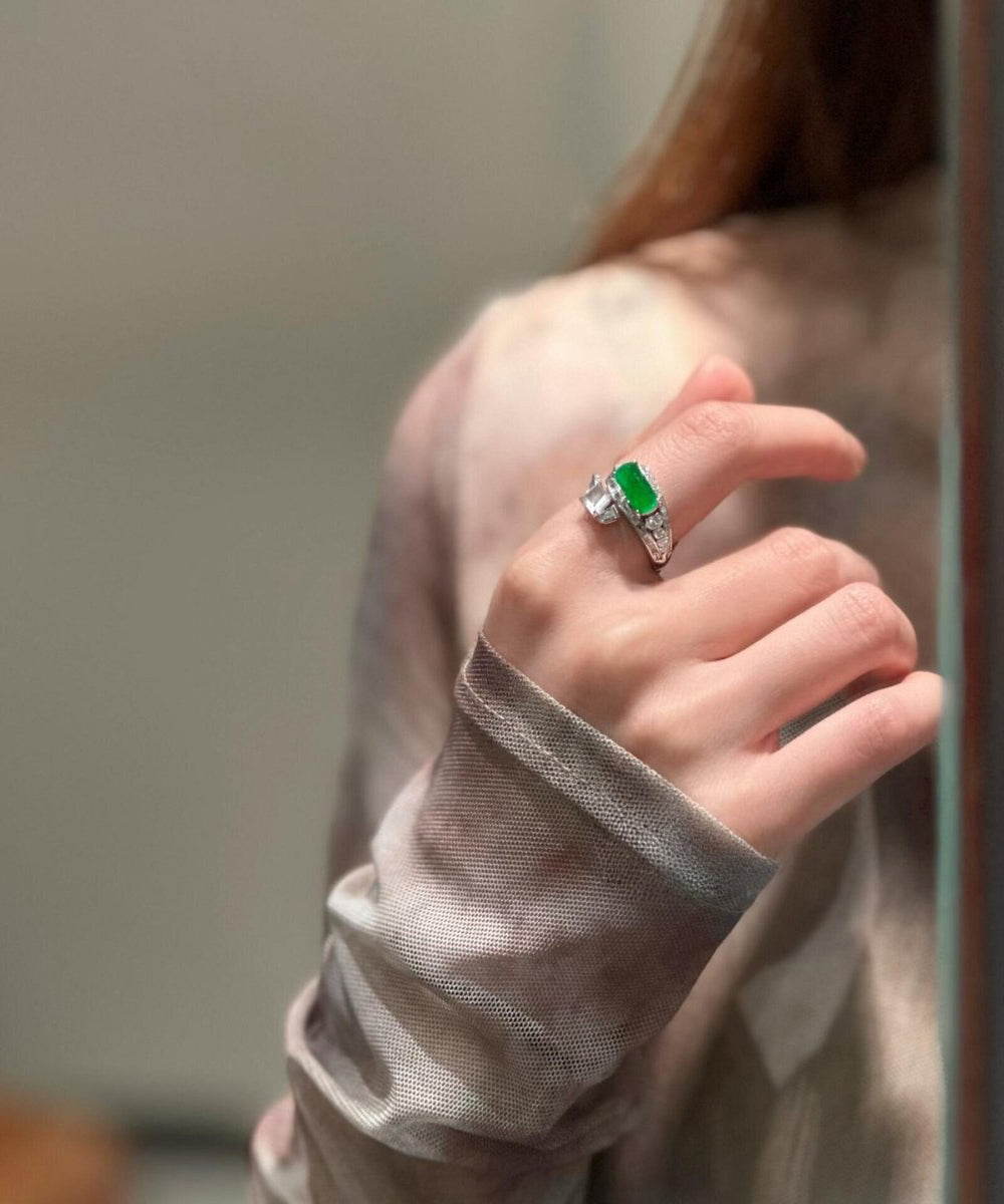 Fine Green Sterling Silver Inlaid Zircon Jade Rings