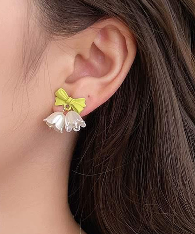 Fine Green Sterling Silver Overgile Bow Lily Of The Valley Drop Earrings
