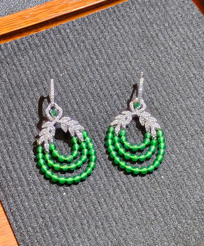 Fine Green Sterling Silver Zircon Leaf Rice Beads Drop Earrings