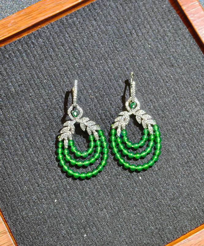 Fine Green Sterling Silver Zircon Leaf Rice Beads Drop Earrings
