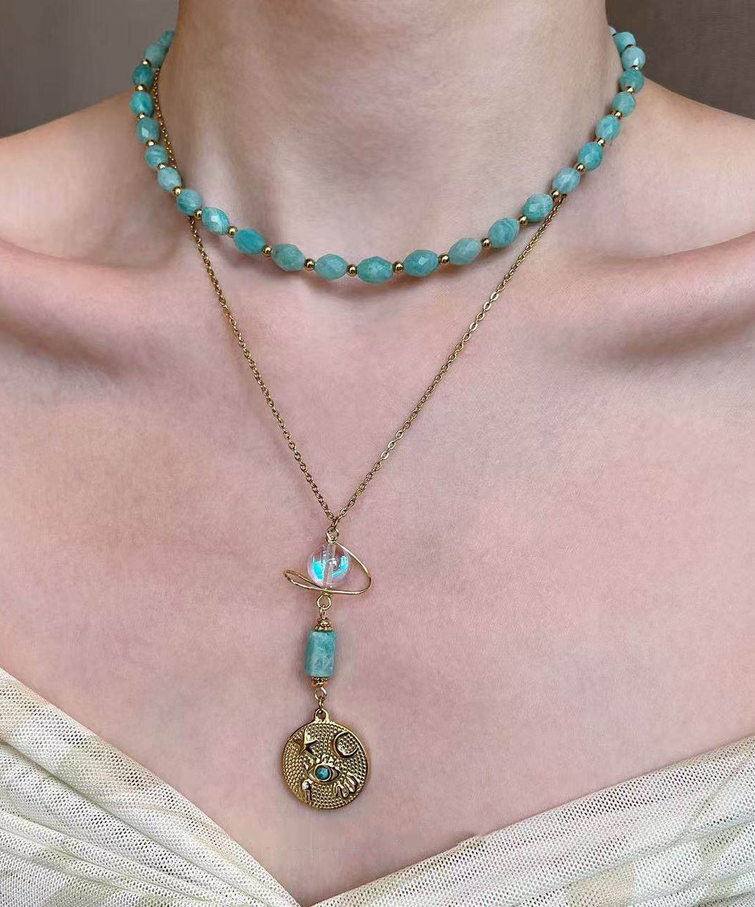 Fine Green Tianhe Stone Evil Eye Beads Layering Titanium Steel Two Piece Set Pendant Necklace