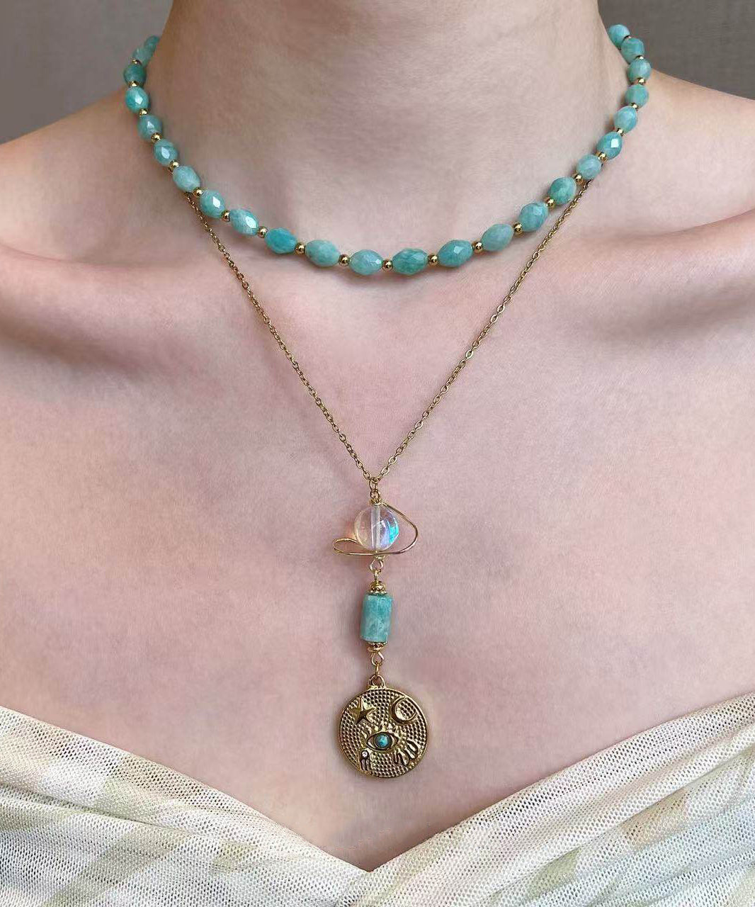 Fine Green Tianhe Stone Evil Eye Beads Layering Titanium Steel Two Piece Set Pendant Necklace