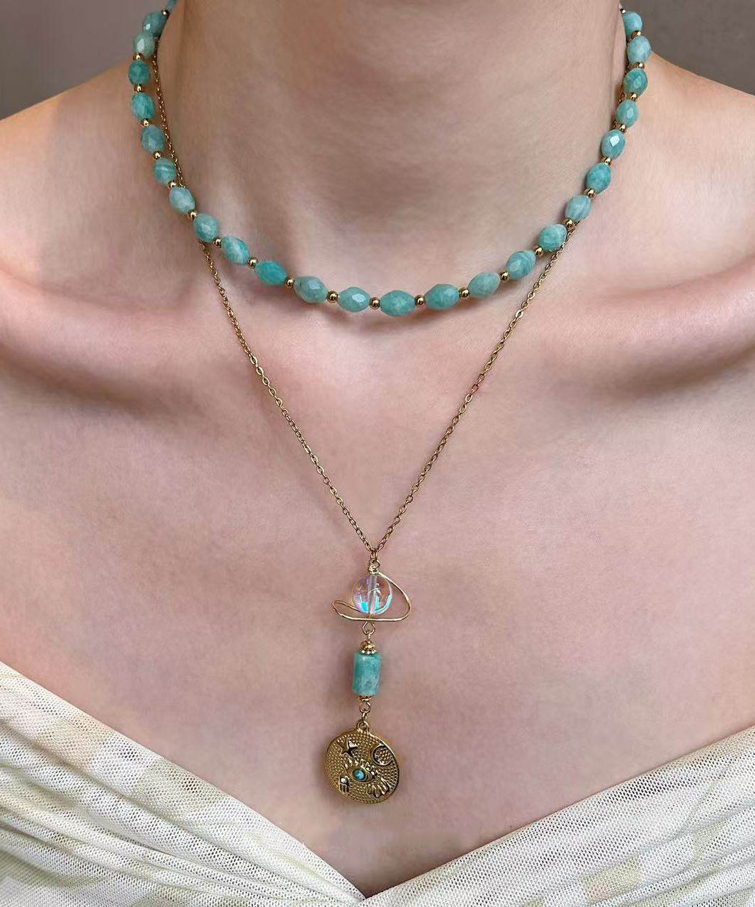 Fine Green Tianhe Stone Evil Eye Beads Layering Titanium Steel Two Piece Set Pendant Necklace