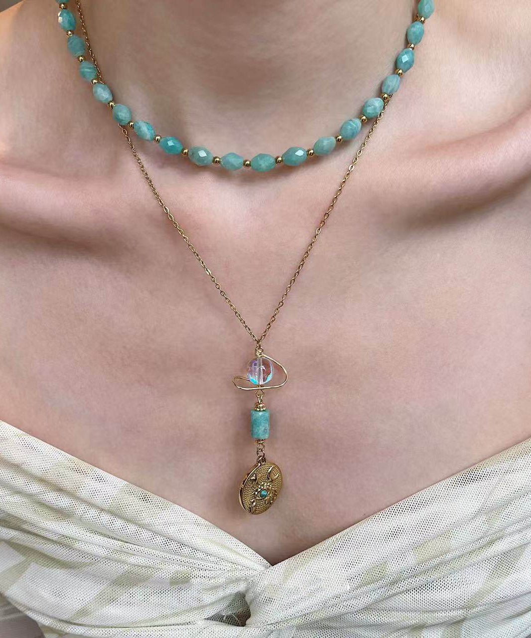 Fine Green Tianhe Stone Evil Eye Beads Layering Titanium Steel Two Piece Set Pendant Necklace