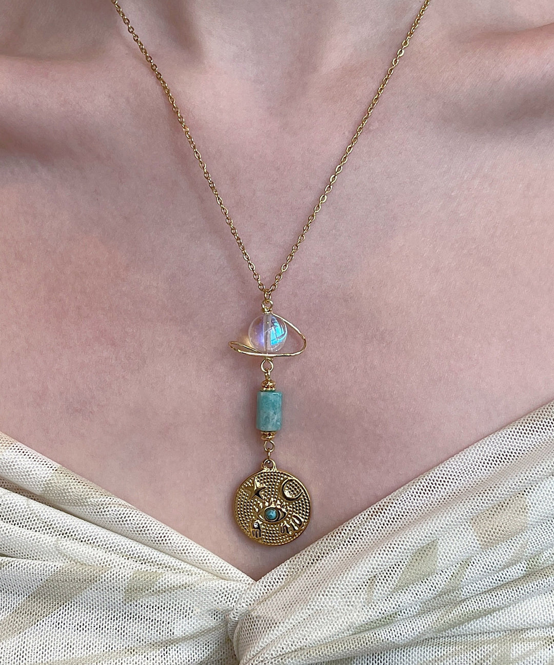 Fine Green Tianhe Stone Evil Eye Beads Layering Titanium Steel Two Piece Set Pendant Necklace