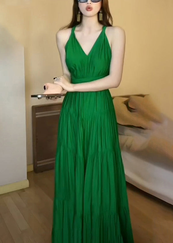 Fine Green V Neck Side Open High Waist Cotton Long Dresses Sleeveless