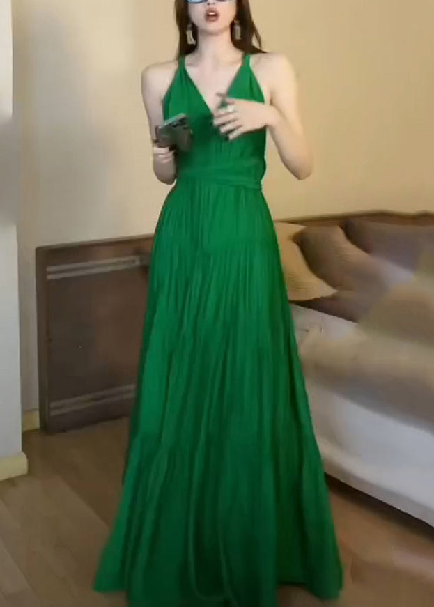 Fine Green V Neck Side Open High Waist Cotton Long Dresses Sleeveless