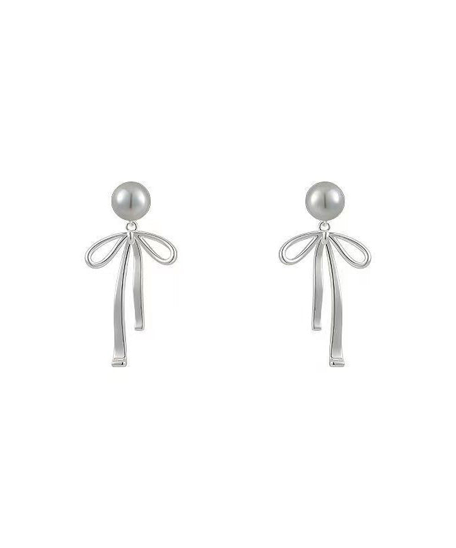 Fine Grey Copper Alloy Pearl Bow Drop Earrings