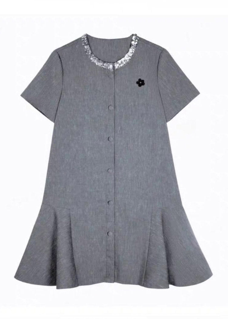 Fine Grey O-Neck Butto Vacation Mid Dress Short Sleeve