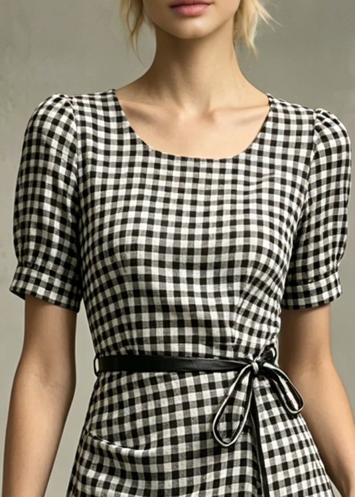 Fine Grey Plaid Tie Waist Cotton Day Dress Summer