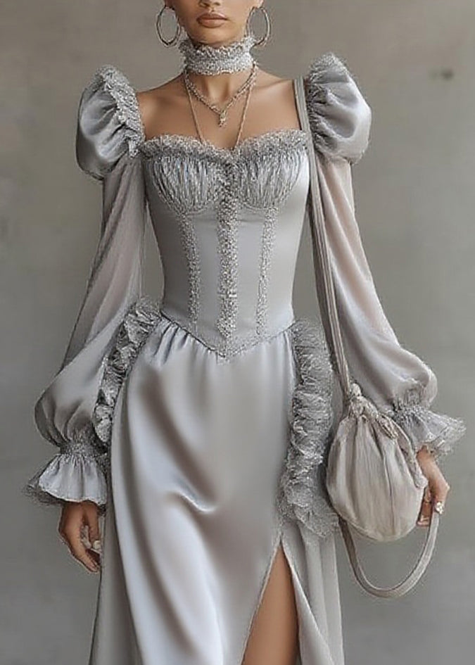 Fine Grey Ruffled Patchwork Chiffon Long Dresses Lantern Sleeve - Omychic