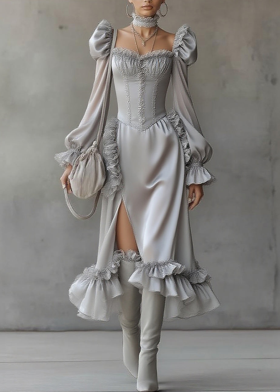 Fine Grey Ruffled Patchwork Chiffon Long Dresses Lantern Sleeve - Omychic