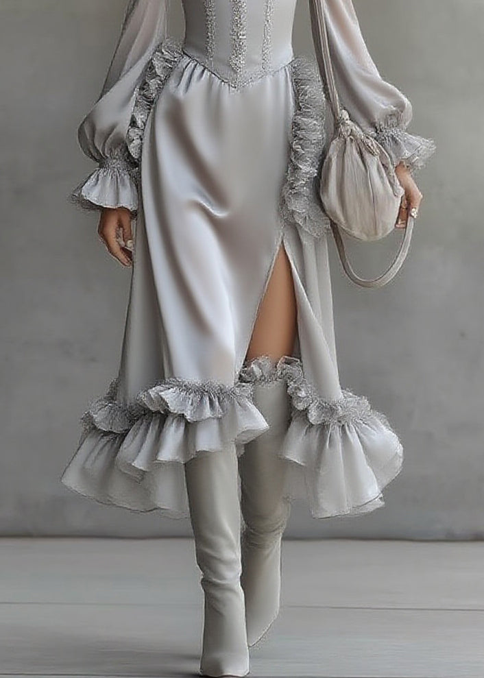 Fine Grey Ruffled Patchwork Chiffon Long Dresses Lantern Sleeve - Omychic