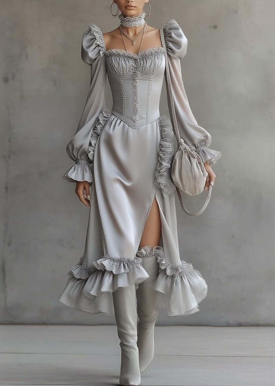 Fine Grey Ruffled Patchwork Chiffon Long Dresses Lantern Sleeve - Omychic