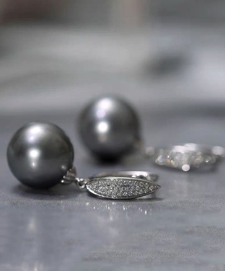 Fine Grey Sterling Silver Zircon Pearl Drop Earrings