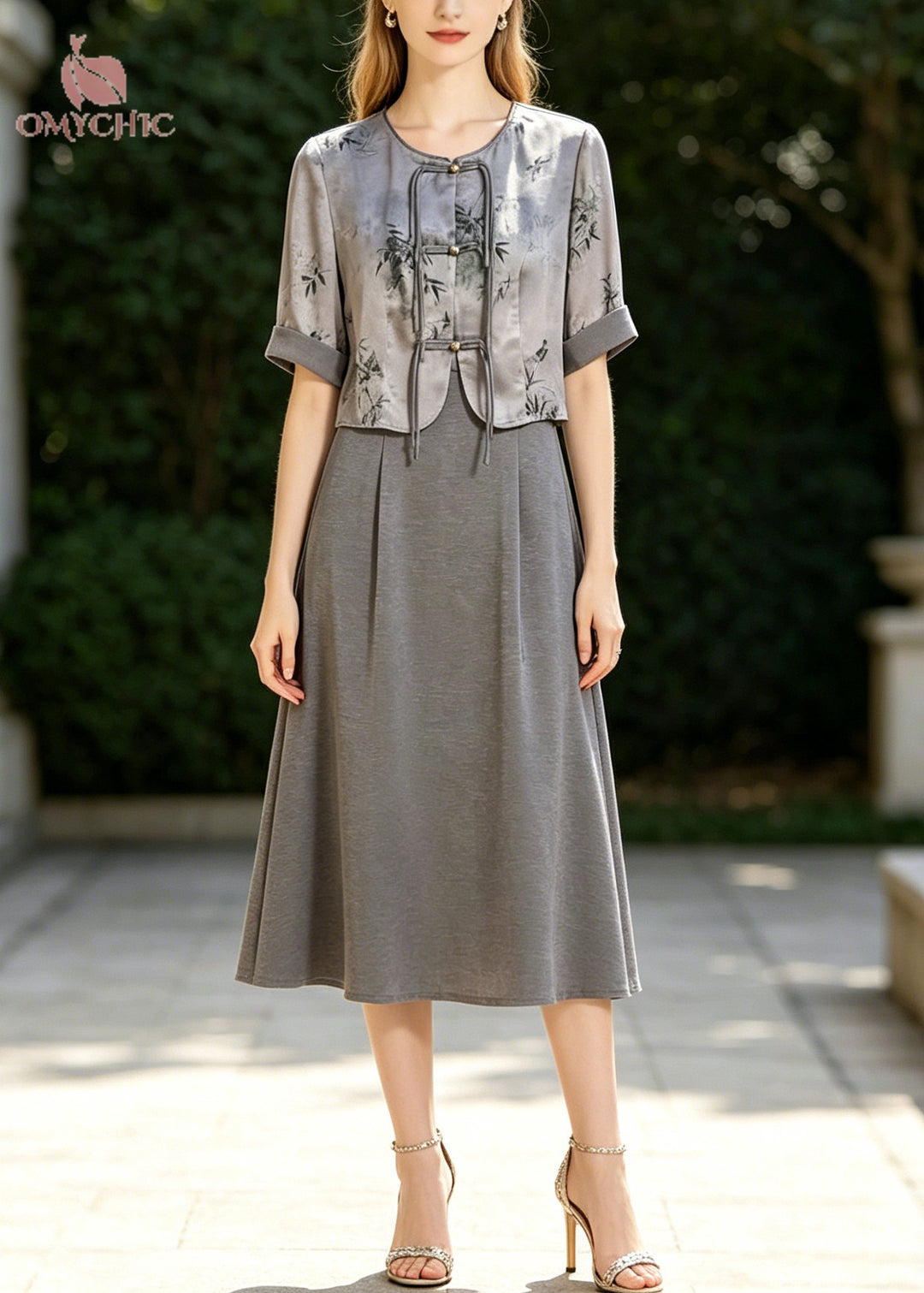 Fine Grey Tasseled Print Silk Oriental Dresses Two Piece Set Summer