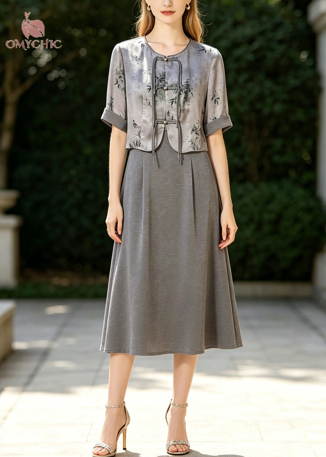 Fine Grey Tasseled Print Silk Oriental Dresses Two Piece Set Summer