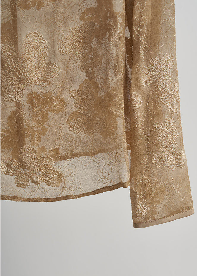 Fine Khaki Embroidered Oversized Cotton Shirt Top Fall