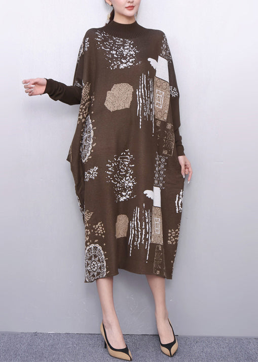 Fine Khaki Oversized Print Knit Sweater Dress Winter