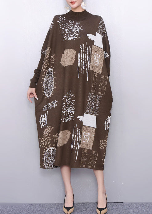 Fine Khaki Oversized Print Knit Sweater Dress Winter